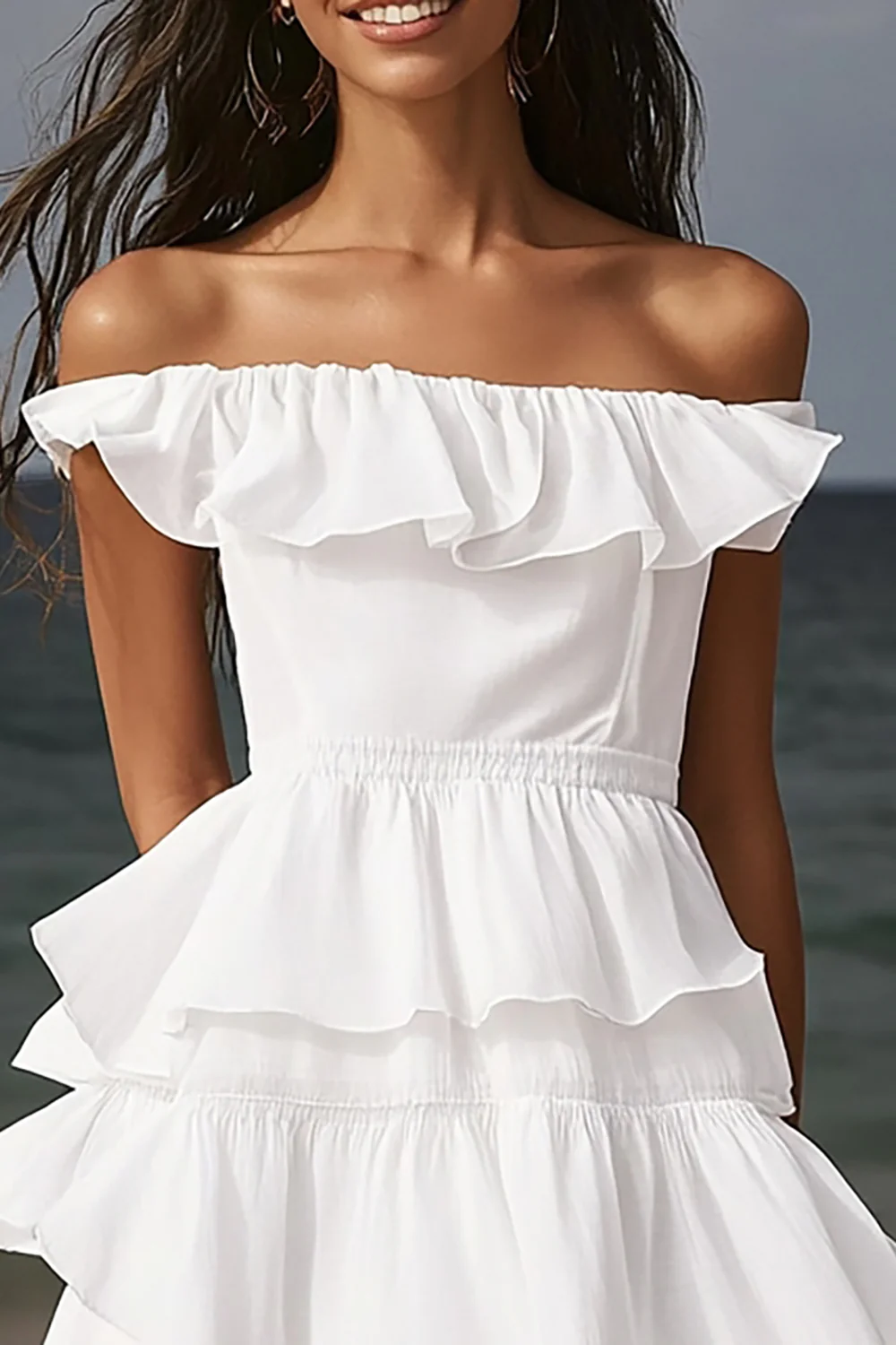Ivory Tiered Midi Beach Engagement Dress with Ruffles - JUORTHO