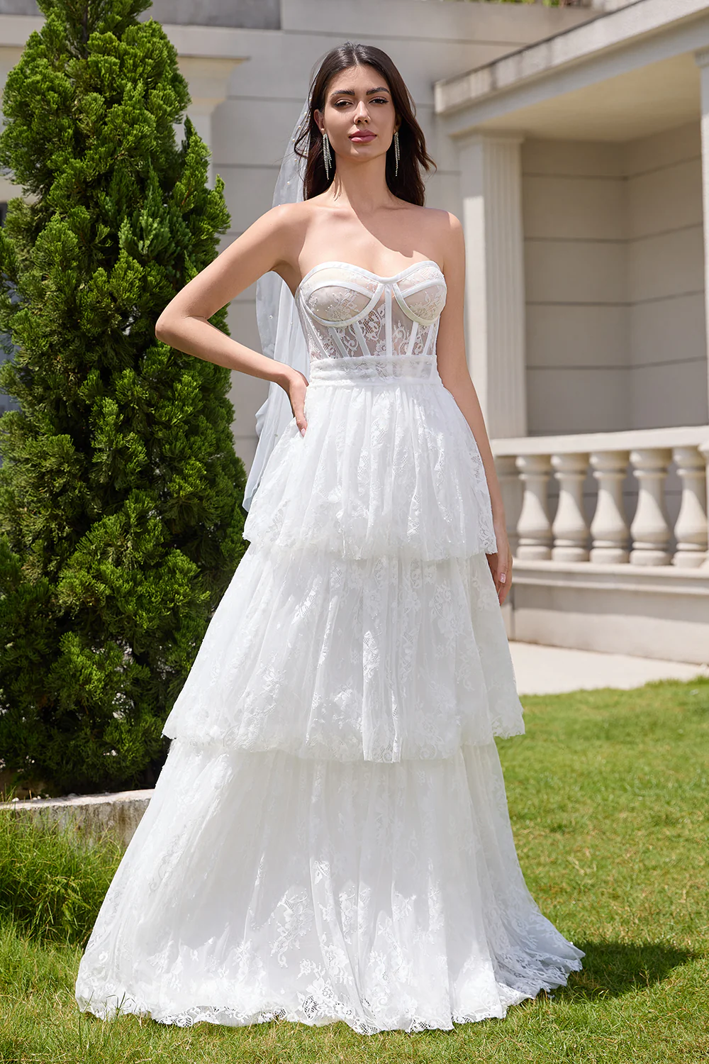 White Strapless A Line Corset Tiered Long Wedding Dress - JUORTHO