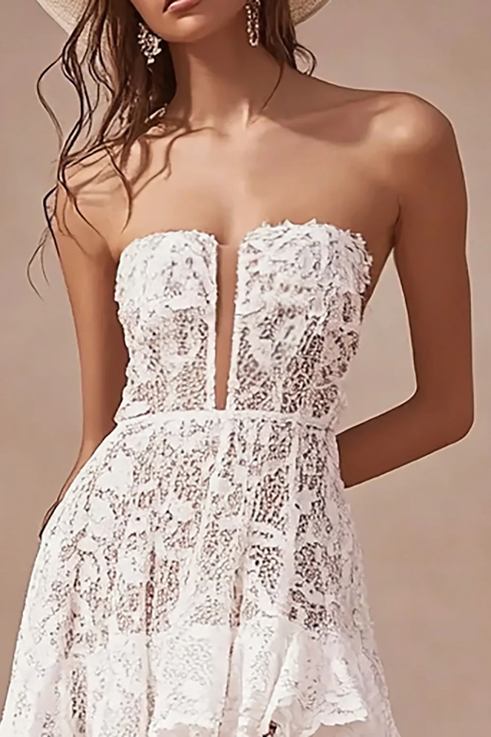 White Lace V-Neck Strapless High-Low A Line Boho Maxi Dress - JUORTHO