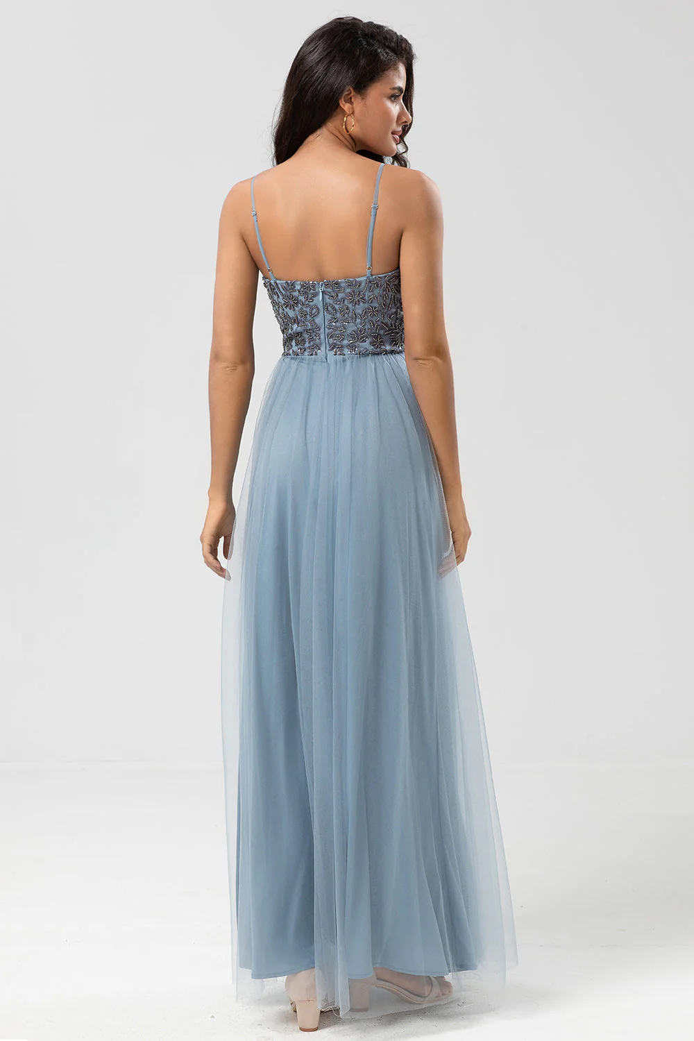 Chic Romantic A Line Spaghetti Straps Dusty Blue Long Bridesmaid Dress with Beading - JUORTHO