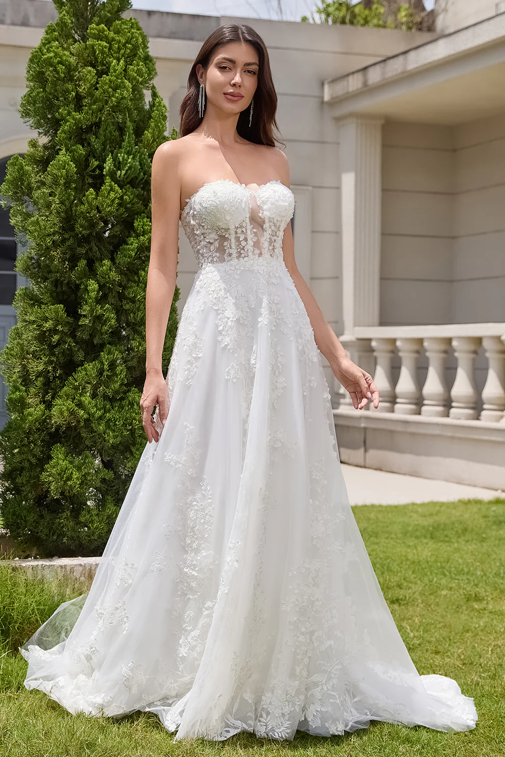 Princess White A-Line Lace Up Corset Tulle Wedding Dress with Appliques Lace - JUORTHO