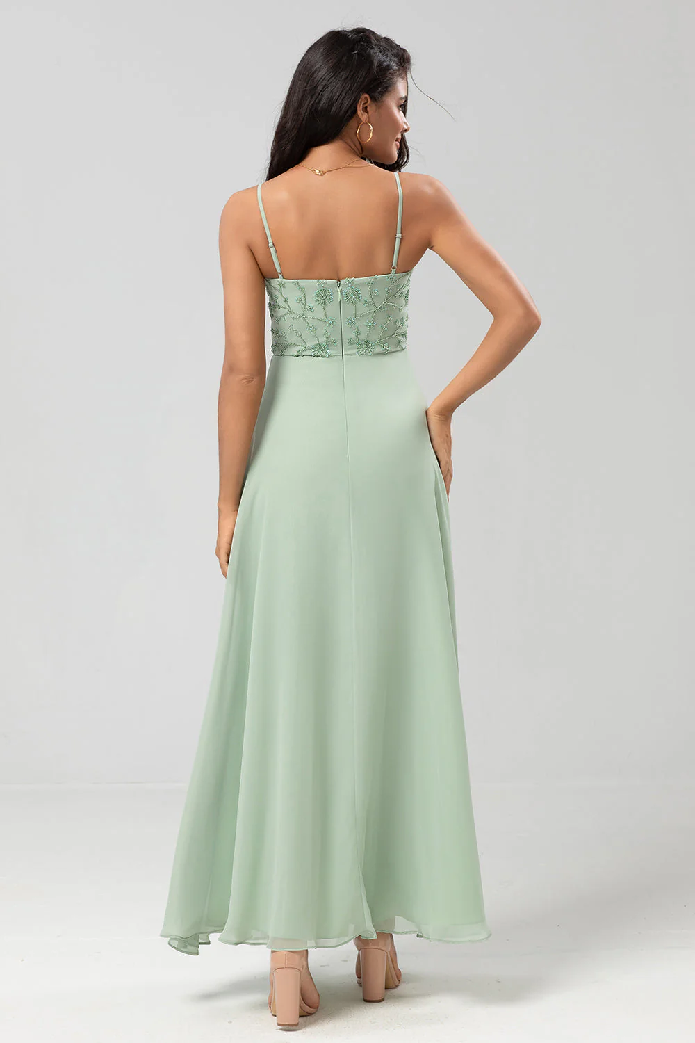 Certifiably Chic A Line Spaghetti Straps Dusty Pink Long Bridesmaid Dress with Beaded - JUORTHO