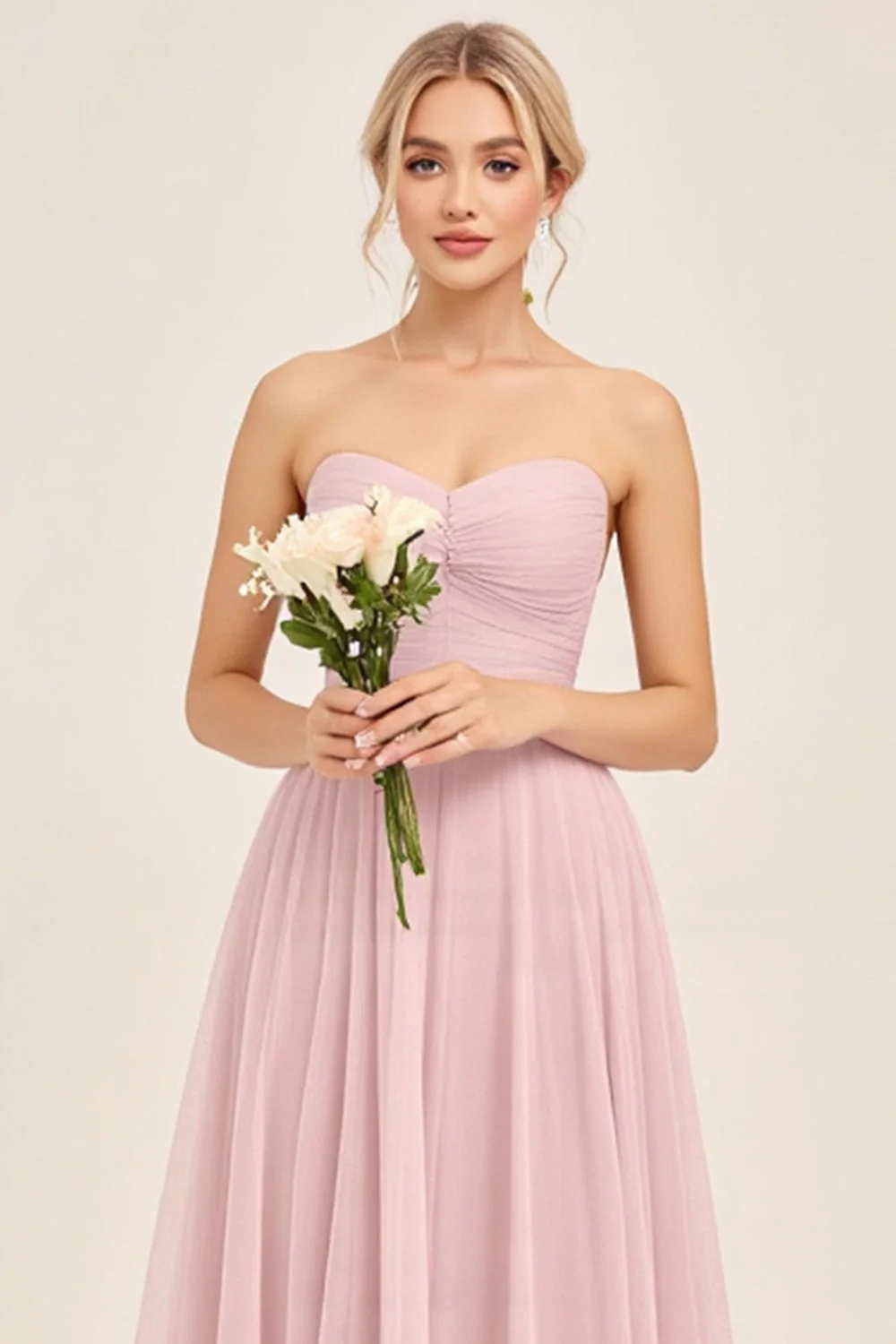Candy Pink A Line Ruhced Sweetheart Long Bridesmaid Dress - JUORTHO