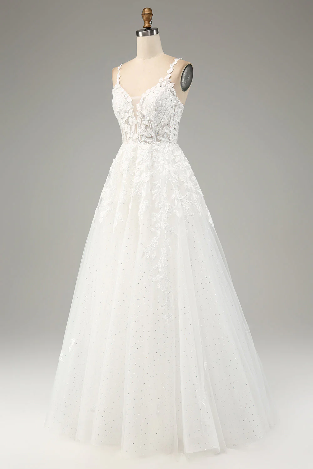 Ivory A-Line Tulle Spaghetti Straps Wedding Dress with Appliques - JUORTHO