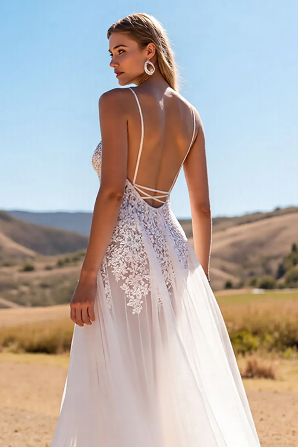 Boho Ivory Sweep Train Wedding Dress with Lace - JUORTHO