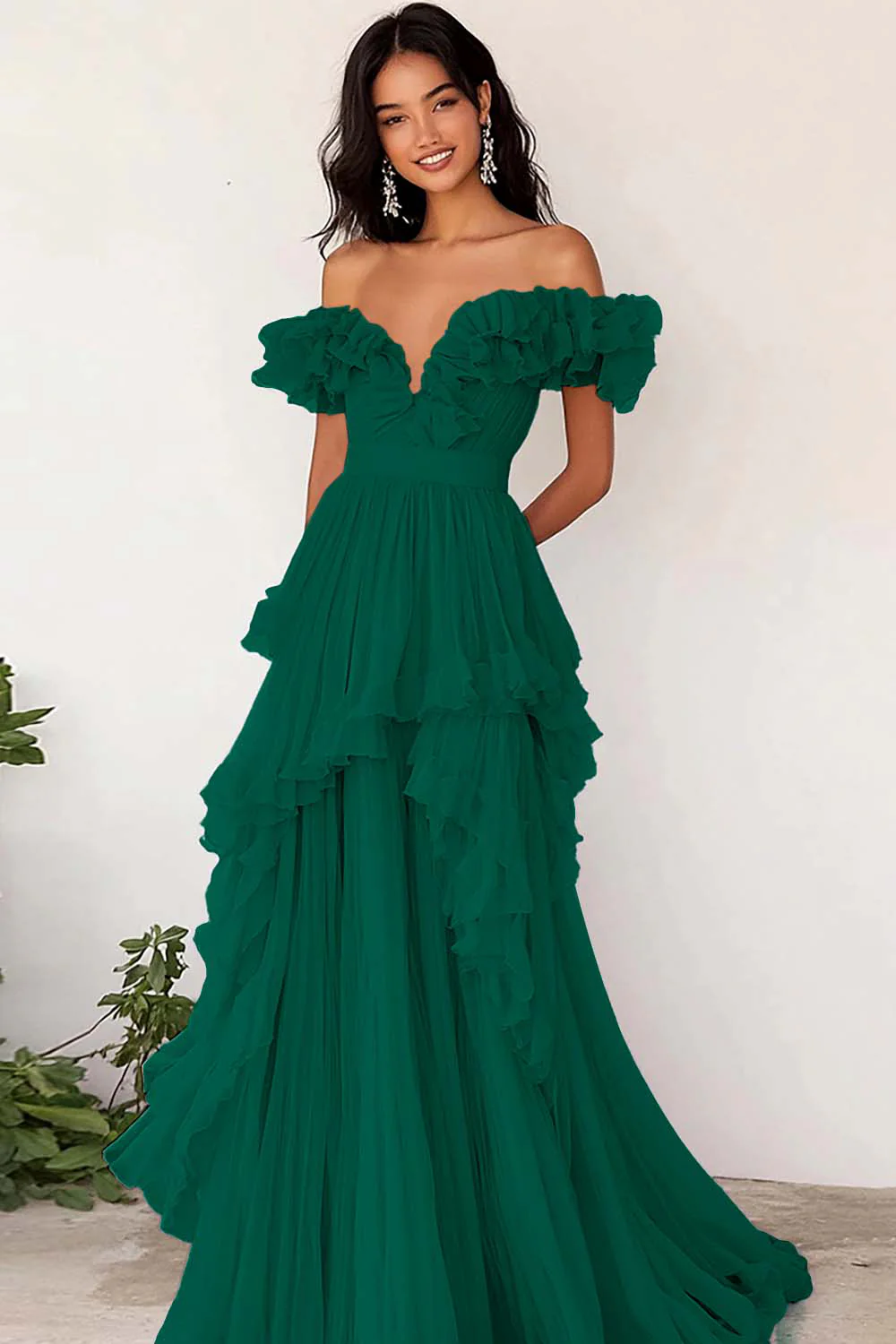 Lilac Chiffon A Line Long Off the Shoulder Prom Dress with Ruffles - JUORTHO