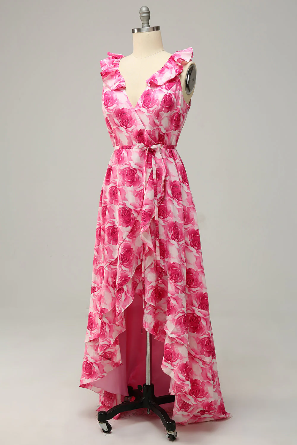 Plus Size High Low Pink Flower Printed Bridesmaid Dress with Ruffles - JUORTHO