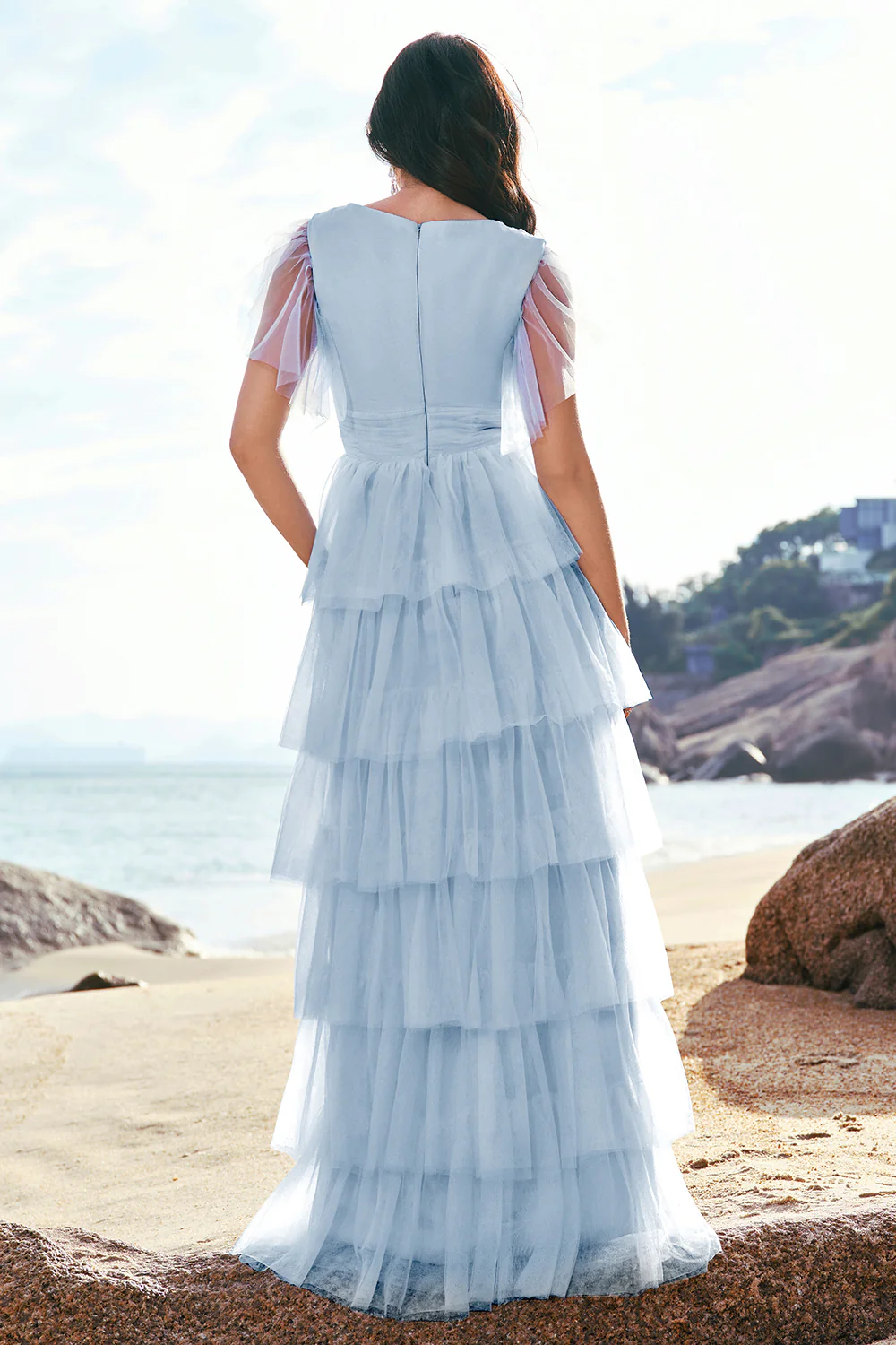 Grey Blue A-Line V Neck Tulle Long Tiered Bridesmaid Dress with Slit - JUORTHO