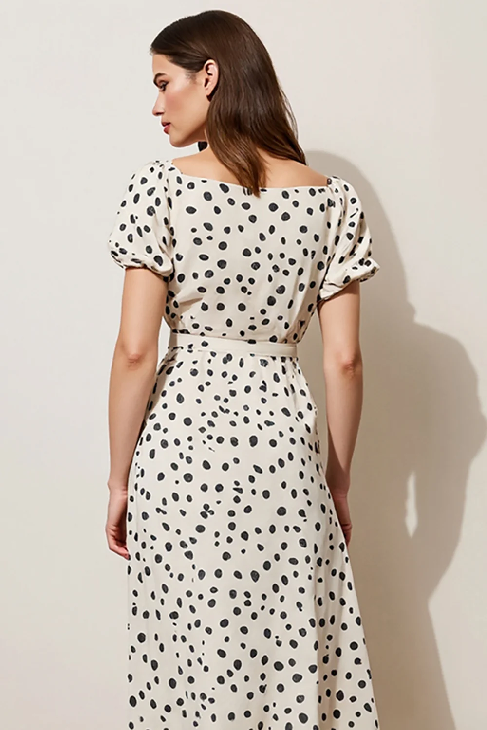 Black and White Polka Dots Short Sleeves A Line Maxi Work Dress - JUORTHO