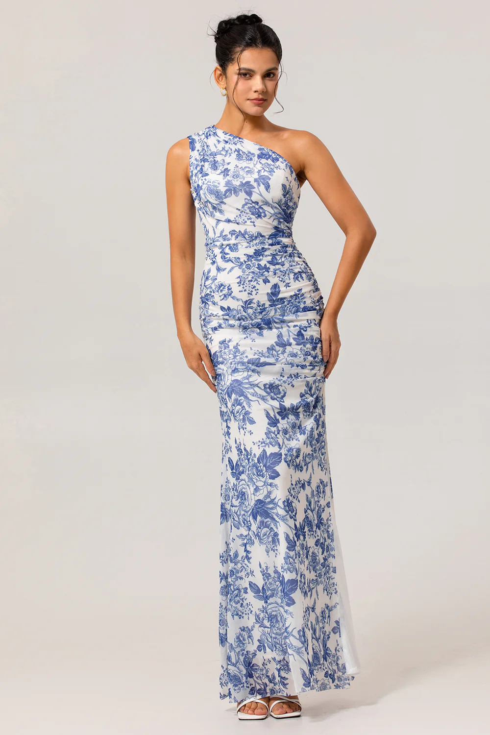 White Blue Floral One Shoulder Long Bridesmaid Dress with Slit - JUORTHO