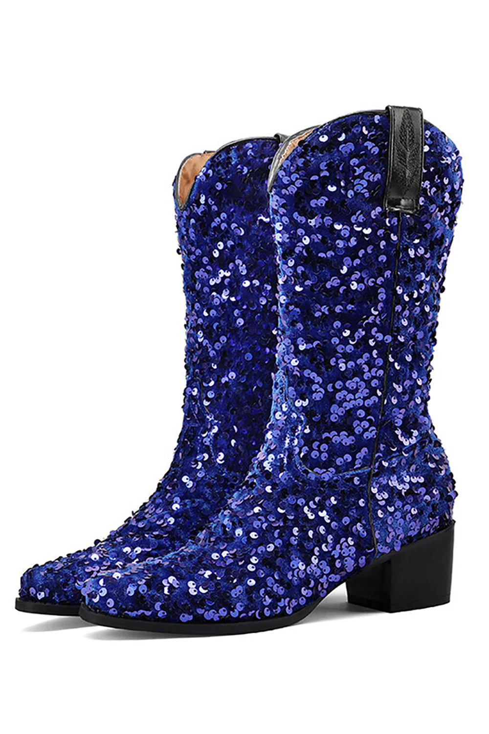 Glitter Black Mid Calf Sequins Snip Toe Chunky Heeled Boots - JUORTHO