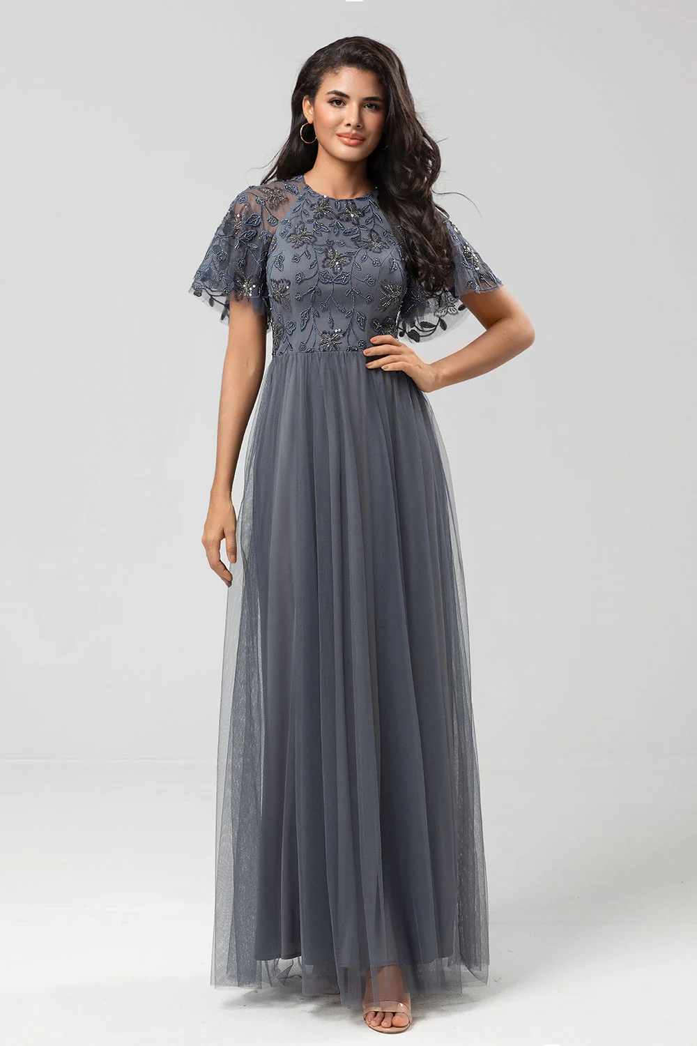 Classic Elegance A-Line Jewel Neck Grey Long Mother Dress with Short Sleeves - JUORTHO