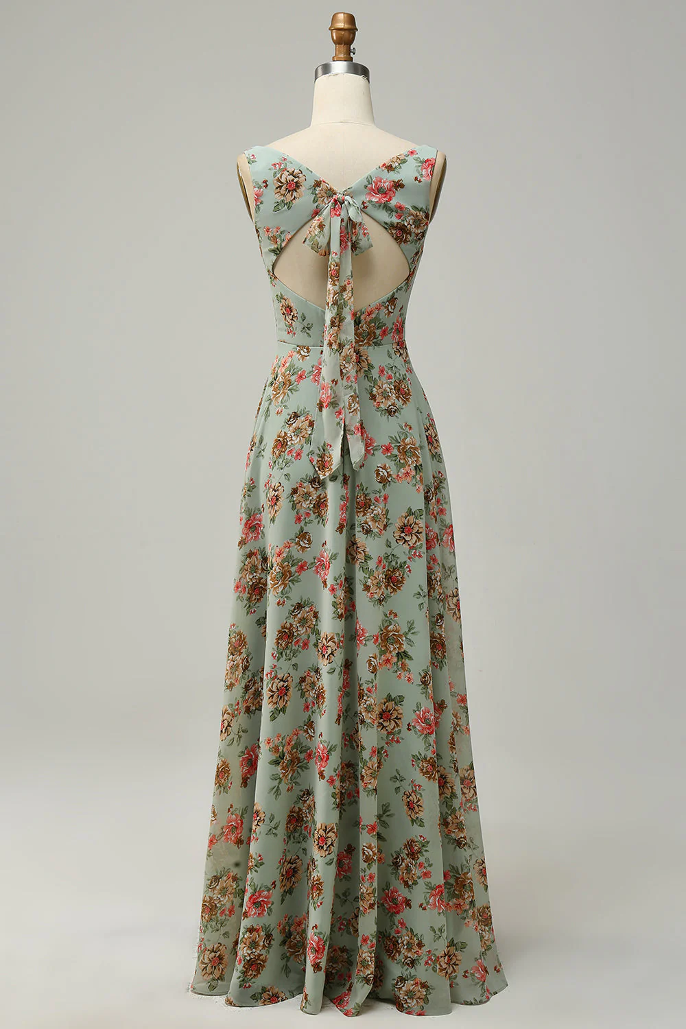 A Line Square Neck Pink Floral Long Bridesmaid Dress with Open Back - JUORTHO