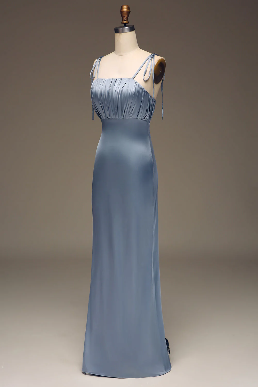 Dusty Blue Spaghetti Straps Sheath Satin Pleated Bridesmaid Dress - JUORTHO