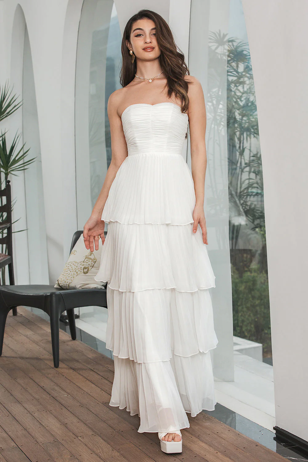 Simple White Pleated Tiered Engagement Party Dress - JUORTHO