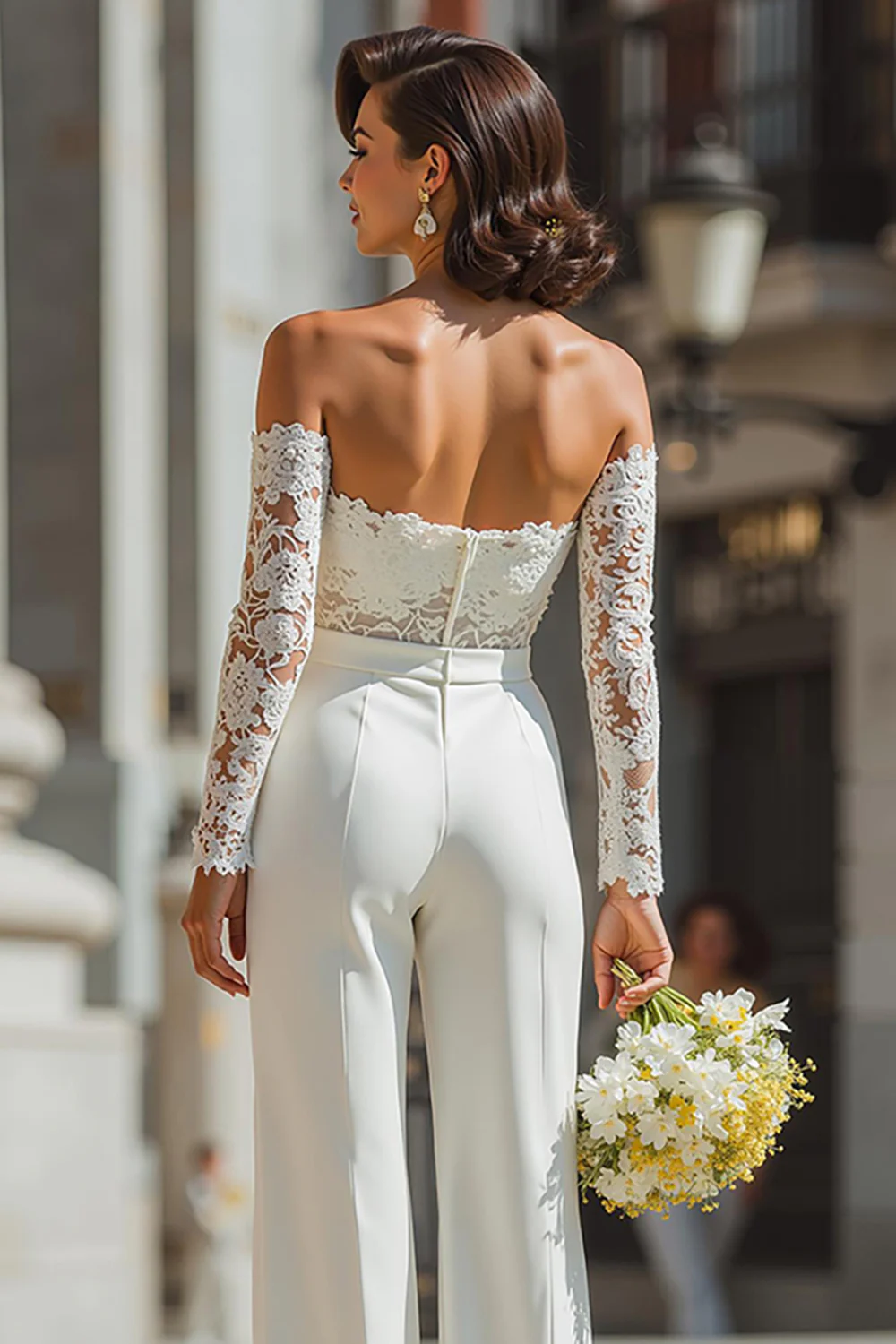 White Appliqued Sweetheart Bridal Jumpsuits with Sleeves - JUORTHO