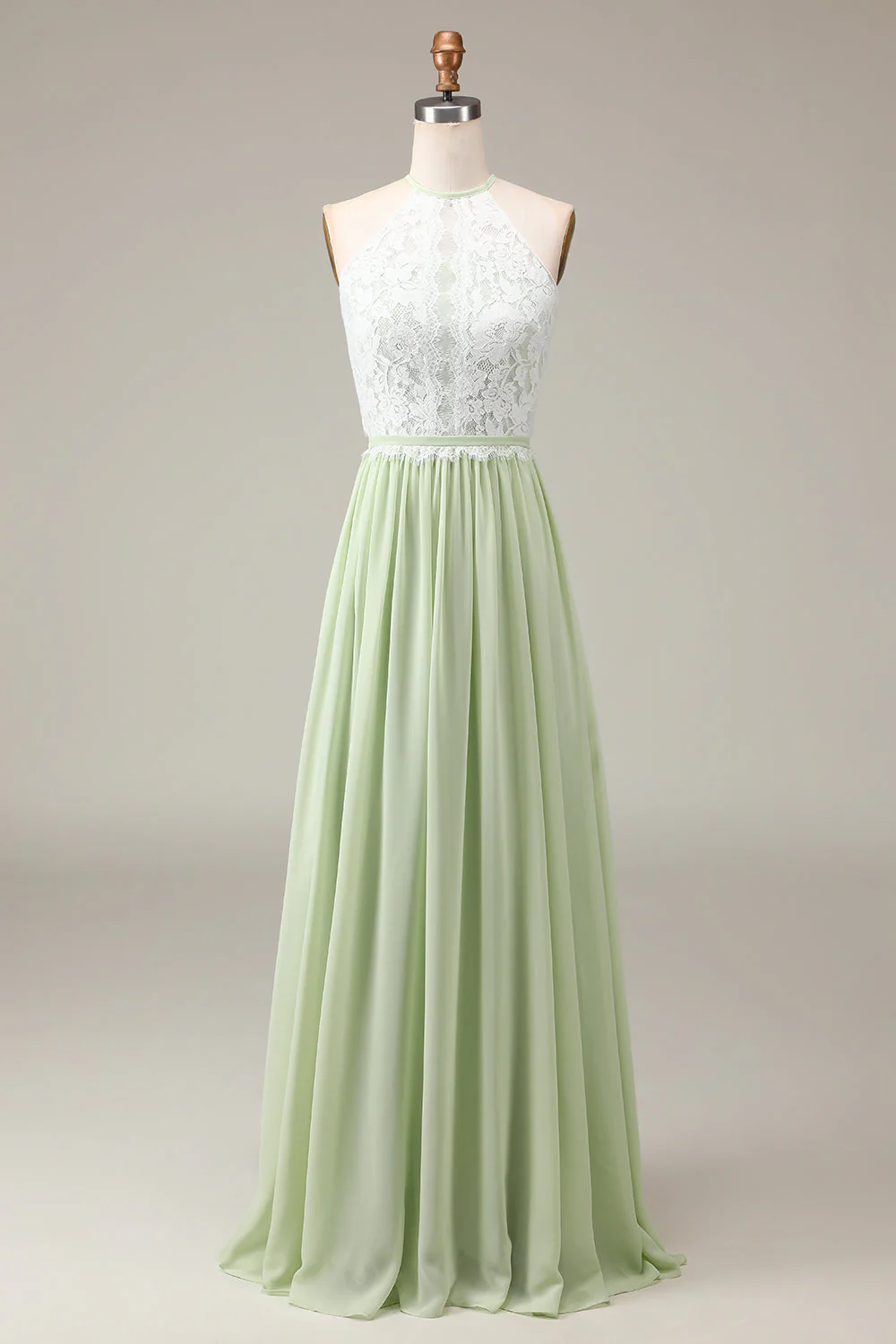 Dusty Sage Halter Neck Lace and Chiffon A-line Floor Length Bridesmaid Dress - JUORTHO