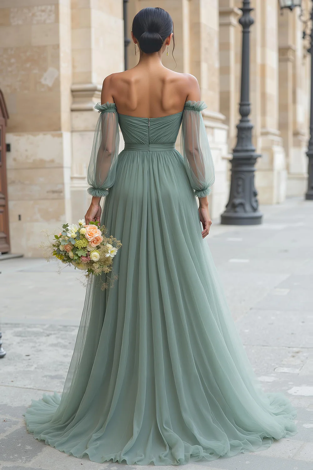Eucalyptus Off the Shoulder Tulle A-Line Long Bridesmaid Dress with Sleeves - JUORTHO