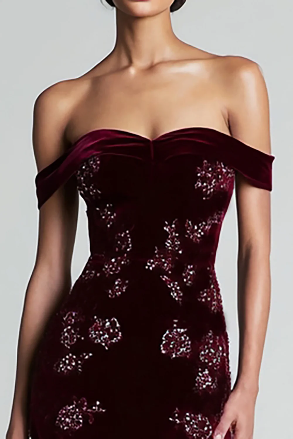 Burgundy Off the Shoulder Velvet Long Floral Holiday Party Dress - JUORTHO