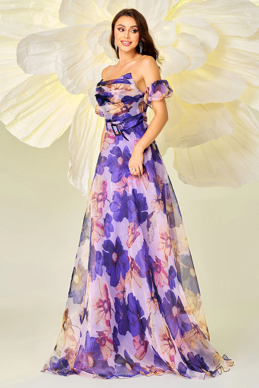 Purple Floral Print A Line Detachable Sleeves Long Prom Dress - JUORTHO