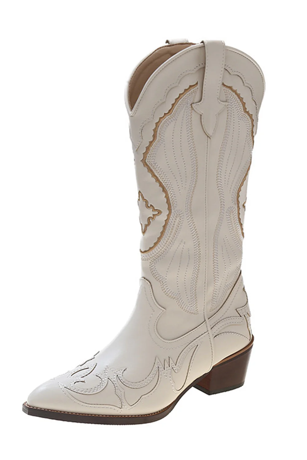 Classic White Embroidered Knee High Wide Calf Cowgirl Boots - JUORTHO
