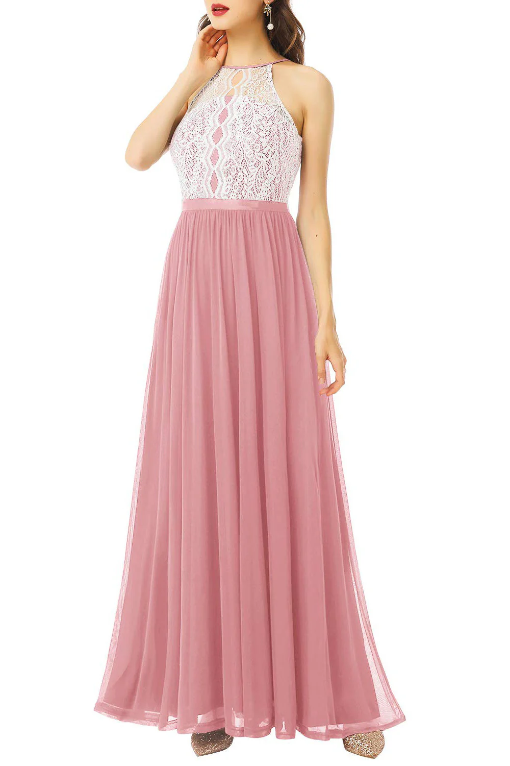 A Line Halter Blush Long Bridesmaid Dress with Lace - JUORTHO