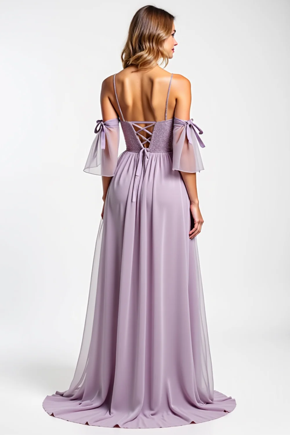 A Line Purple Long V-Neck Chiffon Bridesmaid Dress - JUORTHO