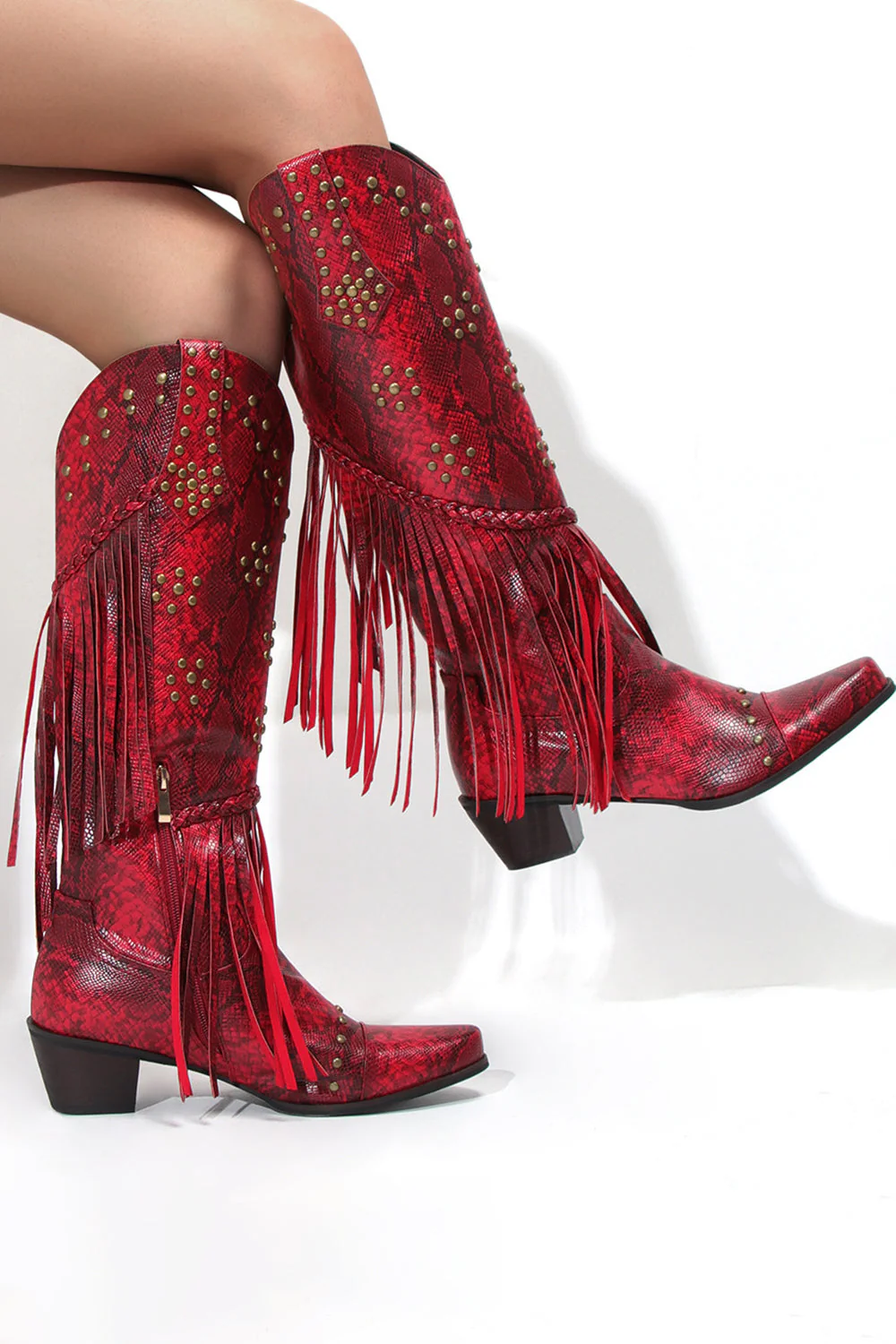 Women's Black Beaded Fringes Pointed Toe Chunky Hell Boots - JUORTHO