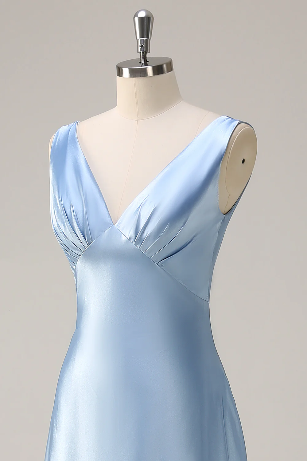 Sky Blue V-Neck A-Line Satin Long Bridesmaid Dress - JUORTHO