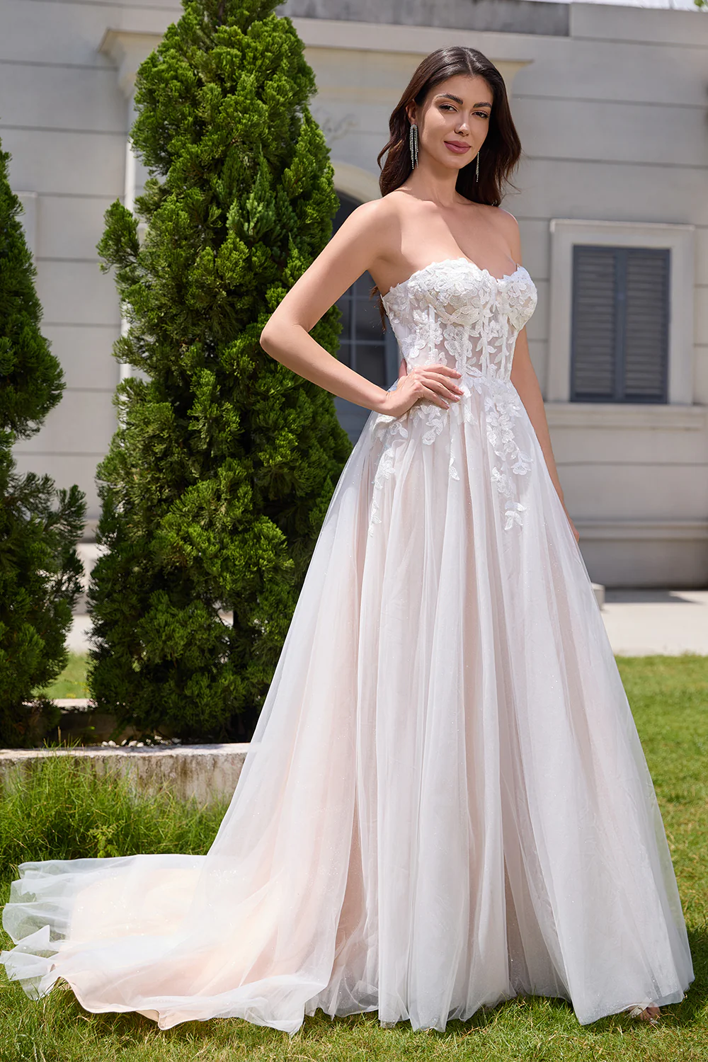 White A Line Strapless Sparkly Wedding Dress with Applique Lace - JUORTHO