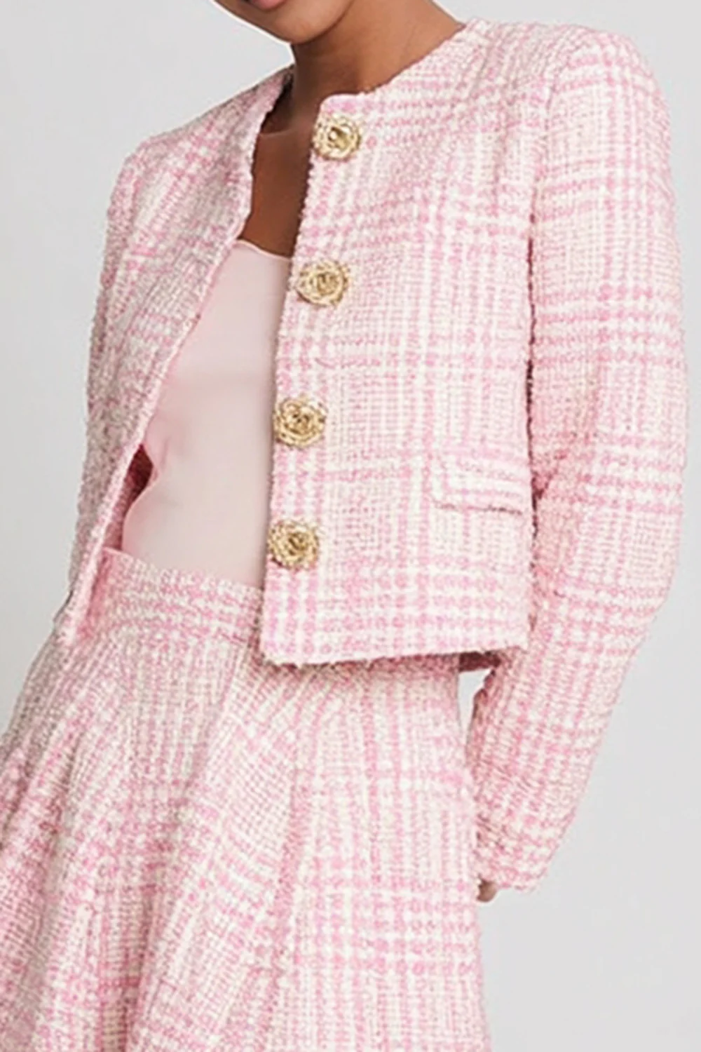 Pink Tweed Plaid 2 Piece Homecoming Outfits with Buttons - JUORTHO