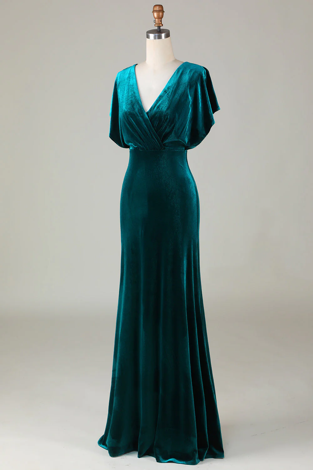 Velvet V-Neck Peacock Bridesmaid Dress with Ruffles - JUORTHO