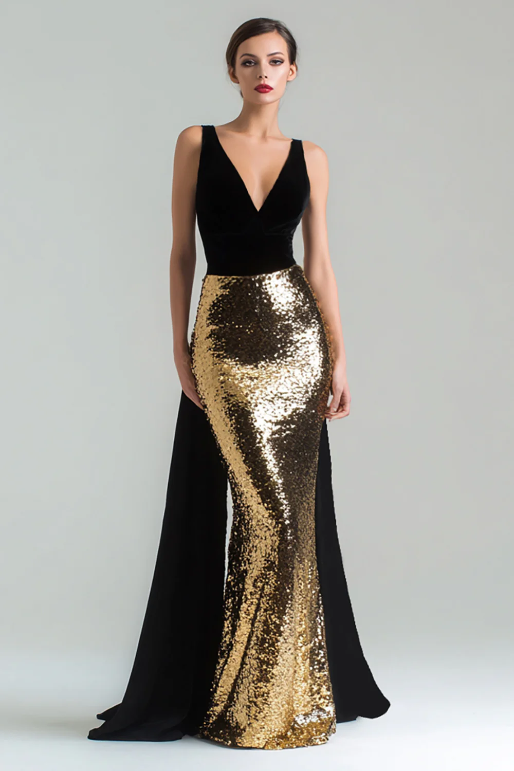 Sparkly Gold and Black V-Neck Mermaid Long Holiday Party Dress with Cape - JUORTHO