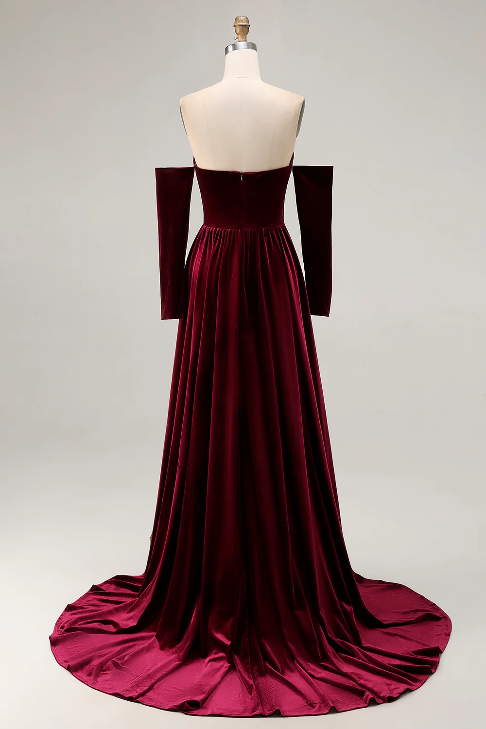 Dark Red Velvet Off the Shoulder A Line Long Evening Dress with Sleeves - JUORTHO