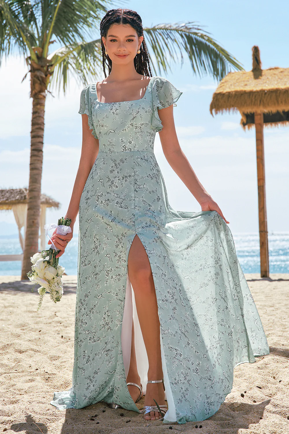 Grey Green Square Neck Floral Printed Bridesmaid Dress with Slit - JUORTHO