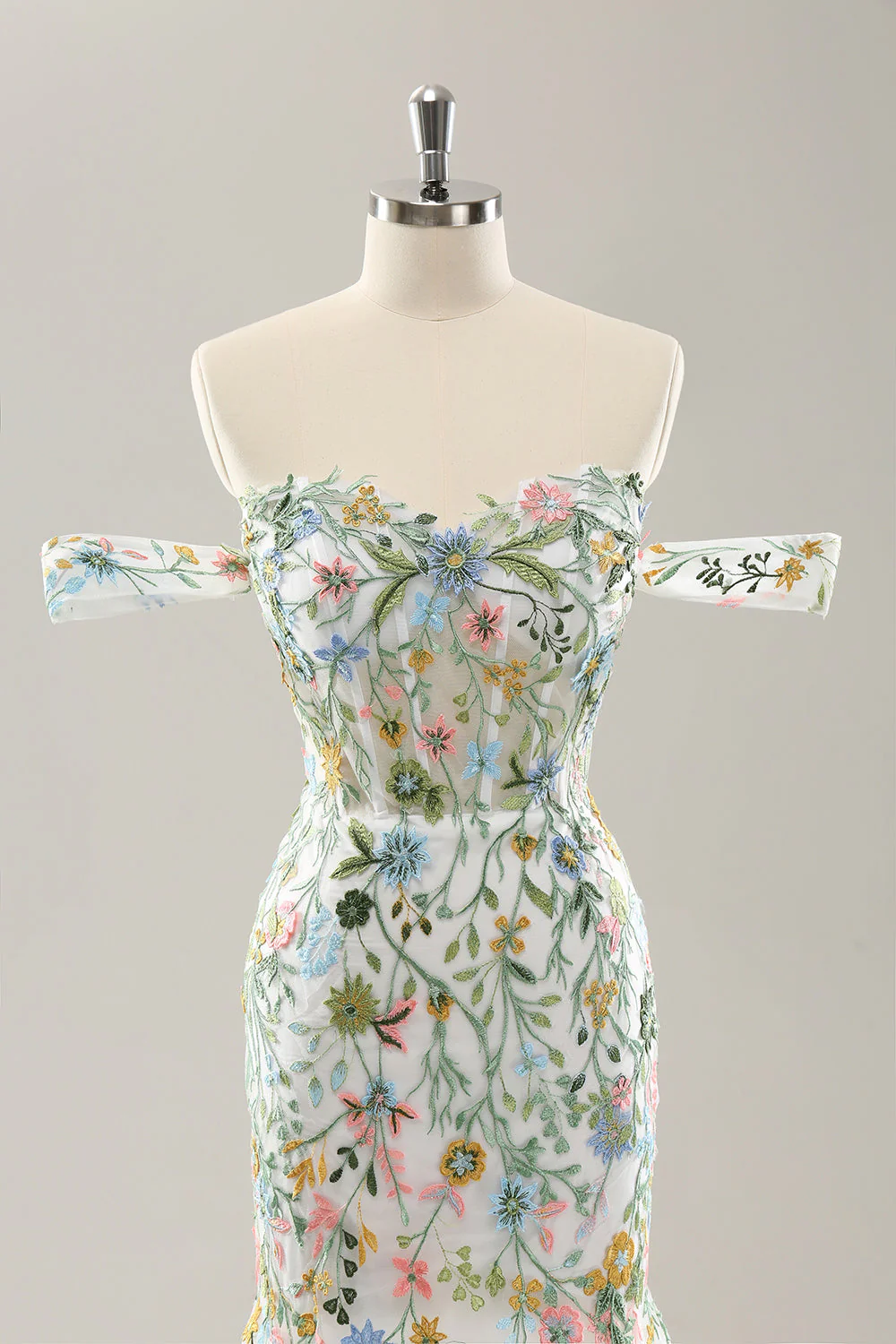 White Mermaid Off the Shoulder Flowers Corset Bridal Dress - JUORTHO