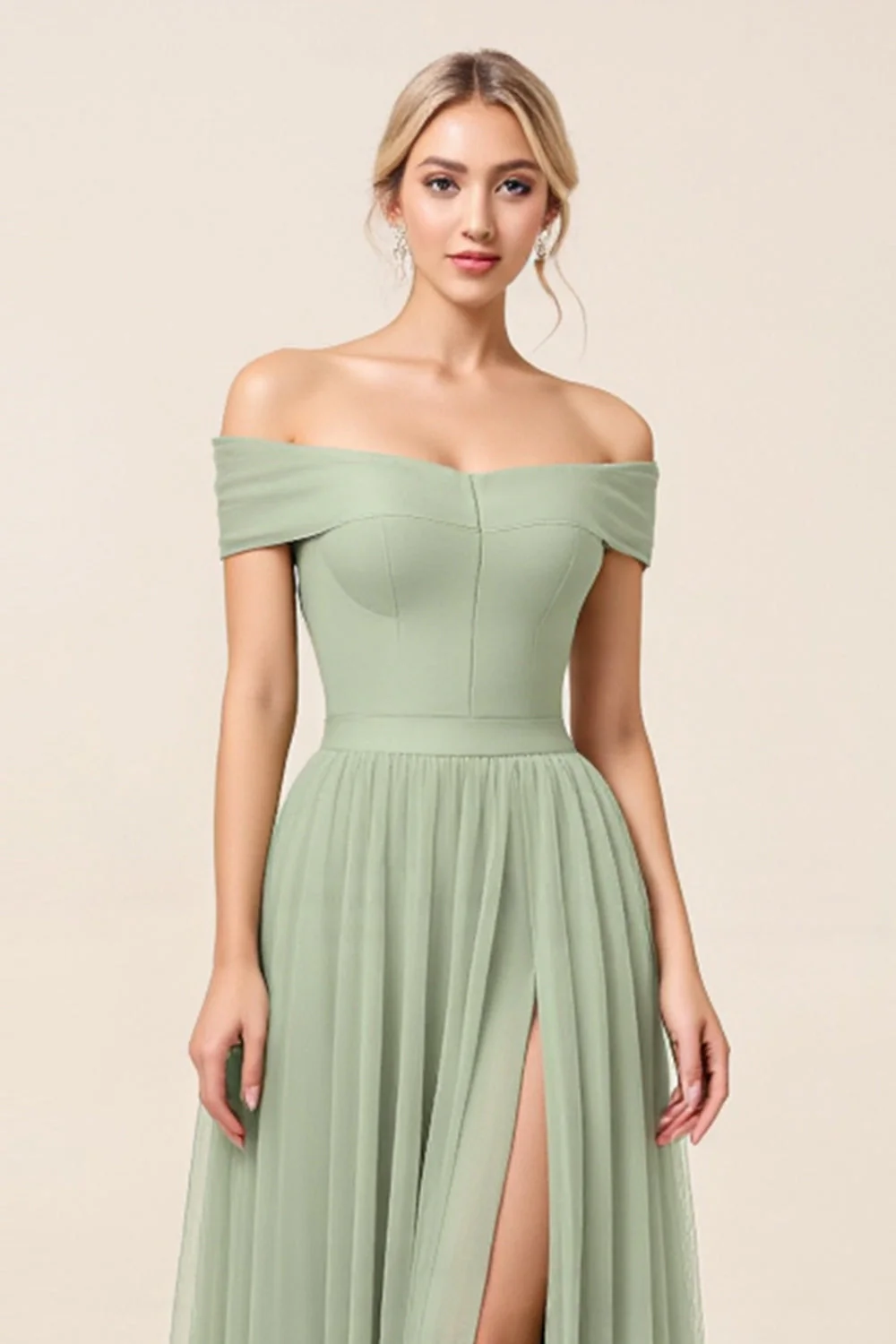A Line Matcha Off the Shoulder Long Bridesmaid Dress with Slit - JUORTHO