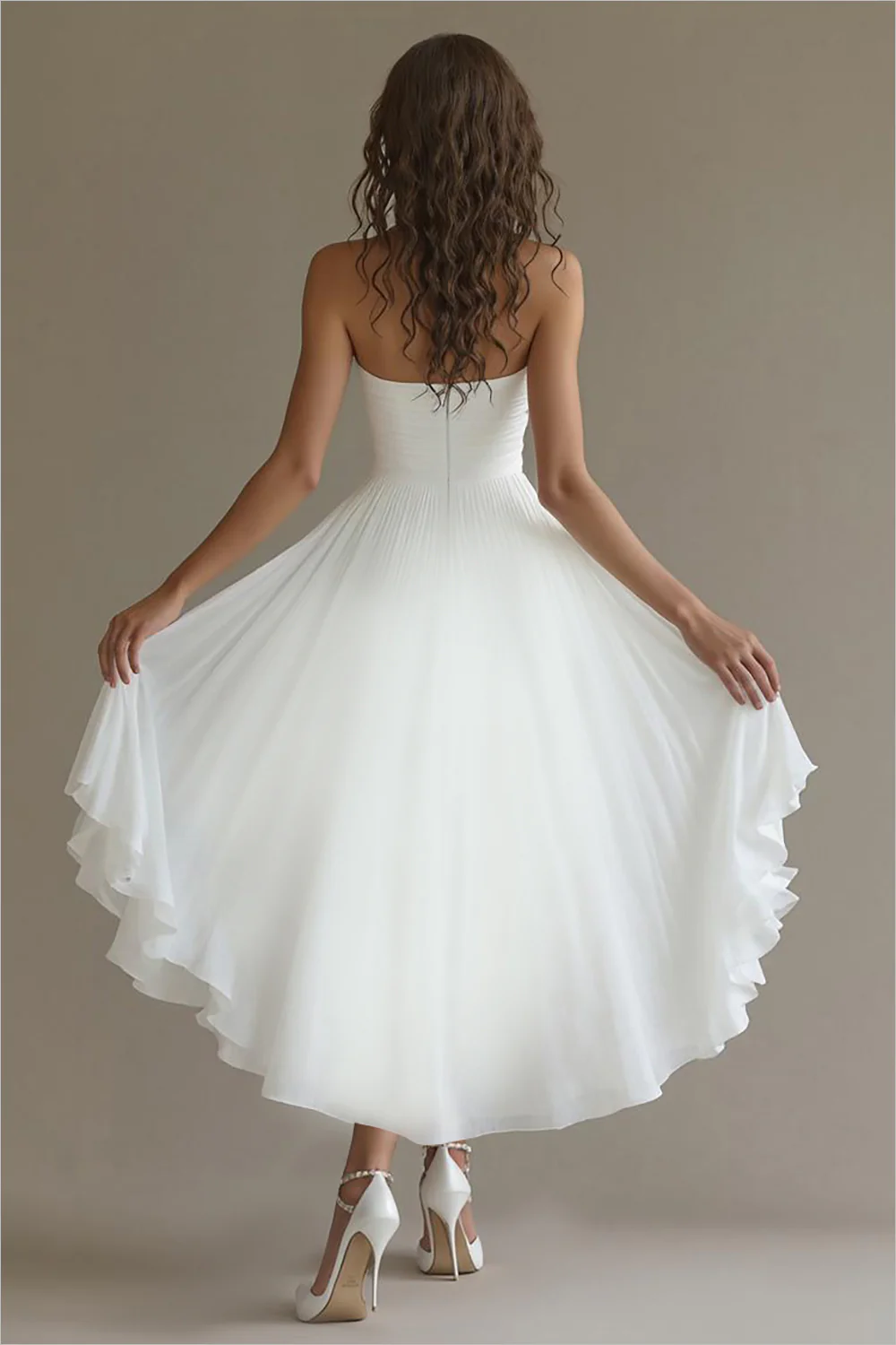 White Chiffon A Line High-Low Engagement Dress with Ruffles - JUORTHO