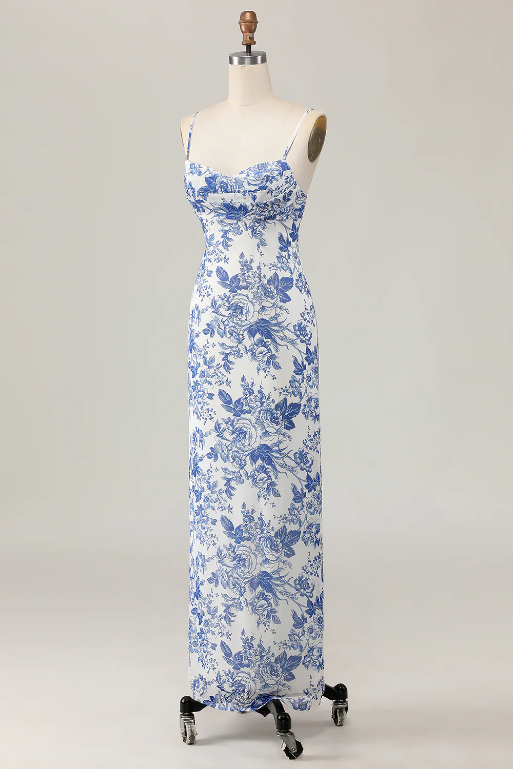 White and Blue Floral Ruched Sheath Long Wedding Guest Dress - JUORTHO
