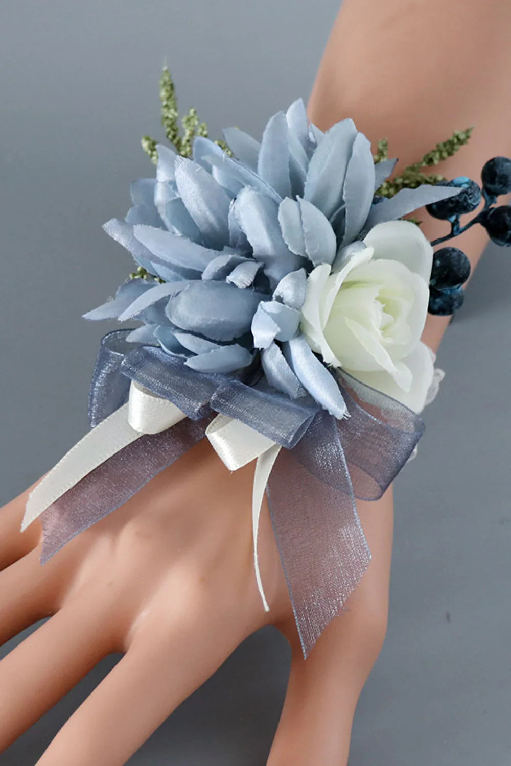 Grey Blue Wrist Corsage and Men Boutonniere Set for Prom Wedding Party - JUORTHO