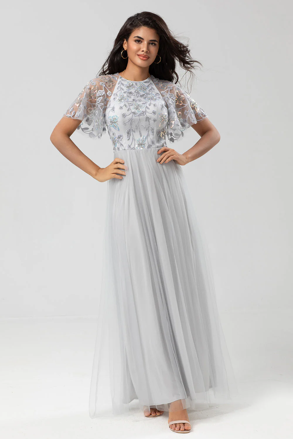 Classic Elegance A-Line Jewel Neck Grey Long Mother Dress with Short Sleeves - JUORTHO