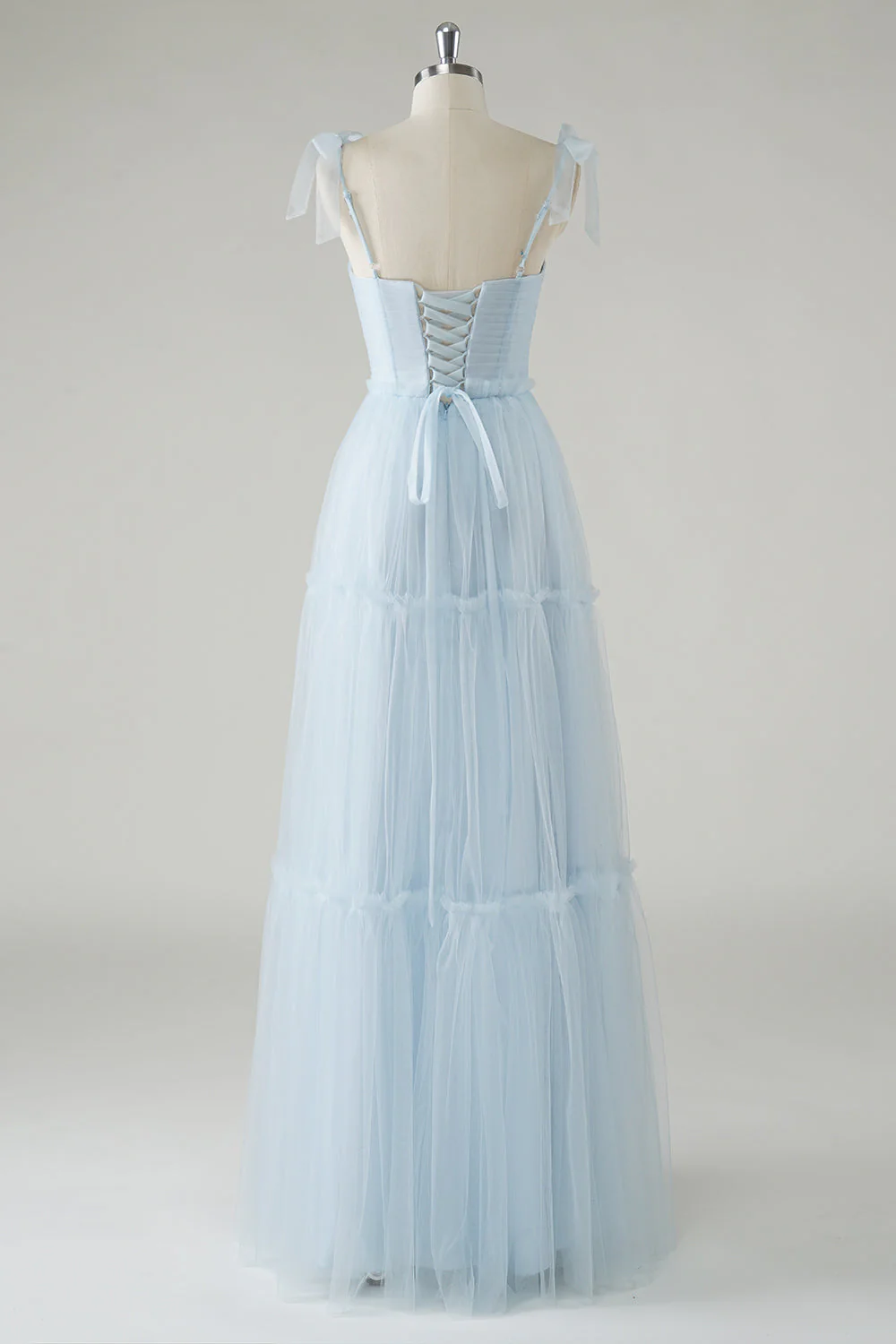 A-Line Bow Tie Straps Sky Blue Tulle Long Bridesmaid Dress - JUORTHO