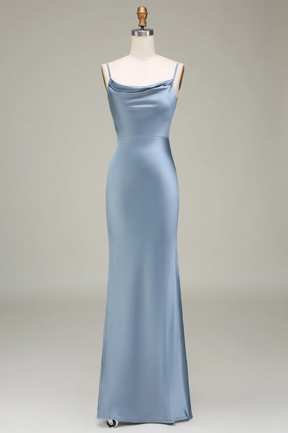 Dusty Blue Sheath Spaghetti Straps Satin Long Bridesmaid Dress - JUORTHO