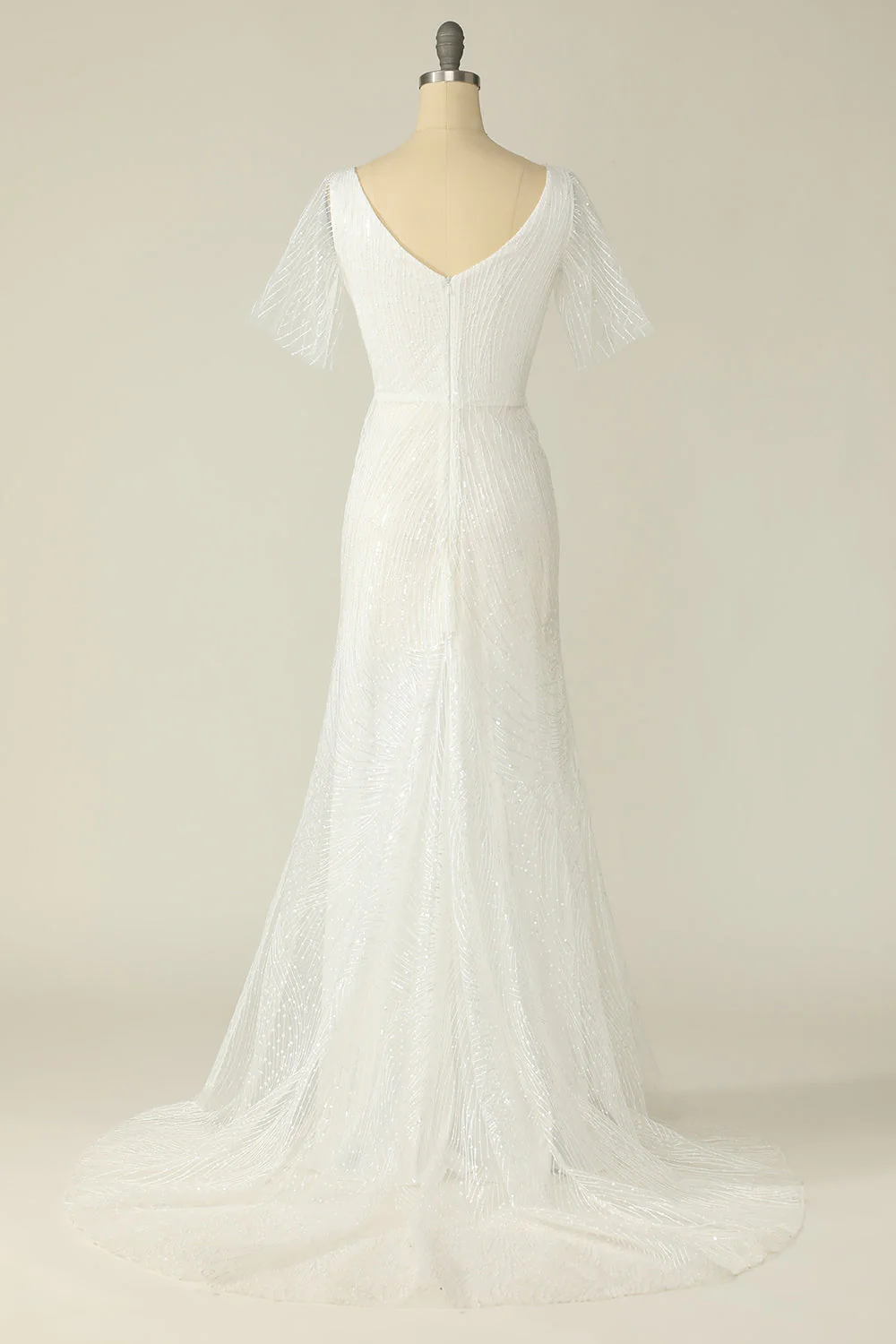 White V Neck Lace Wedding Dress - JUORTHO