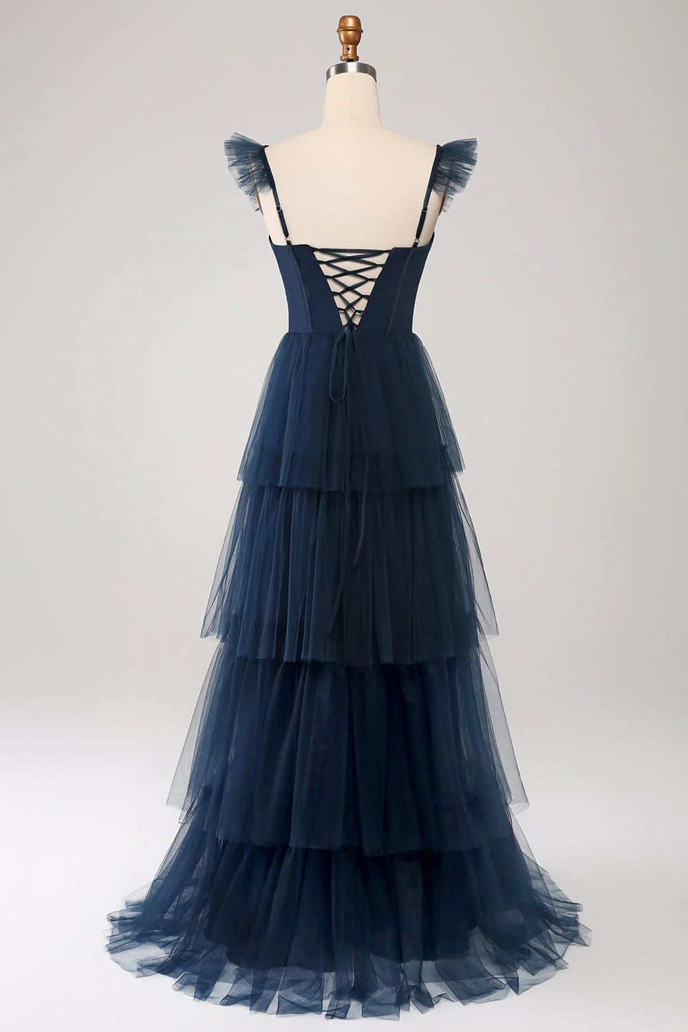 Navy Tulle Navy A Line Tiered Corset Bridesmaid Dress with Slit - JUORTHO