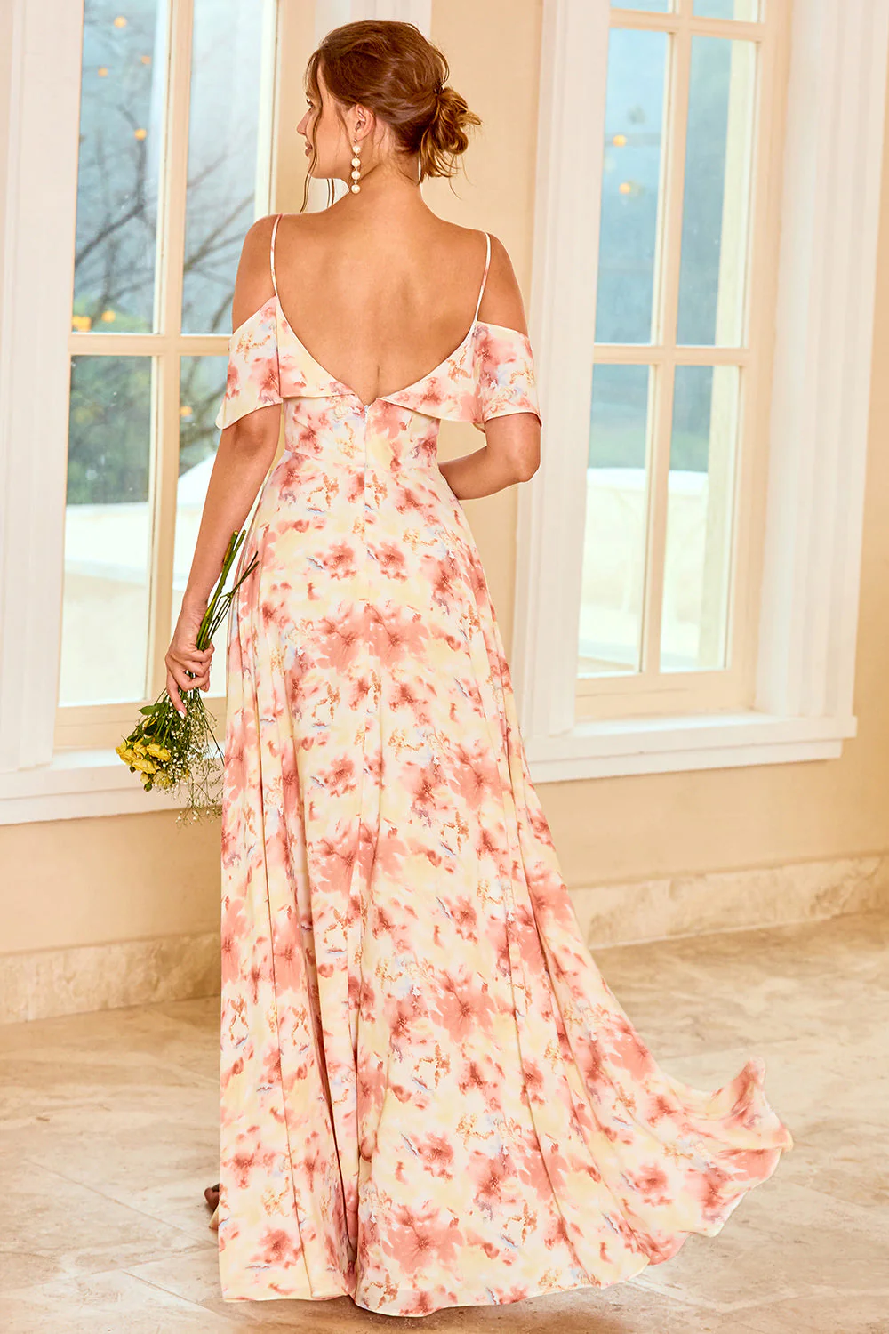 Print Blush Bridesmaid Dress with Ruffle - JUORTHO