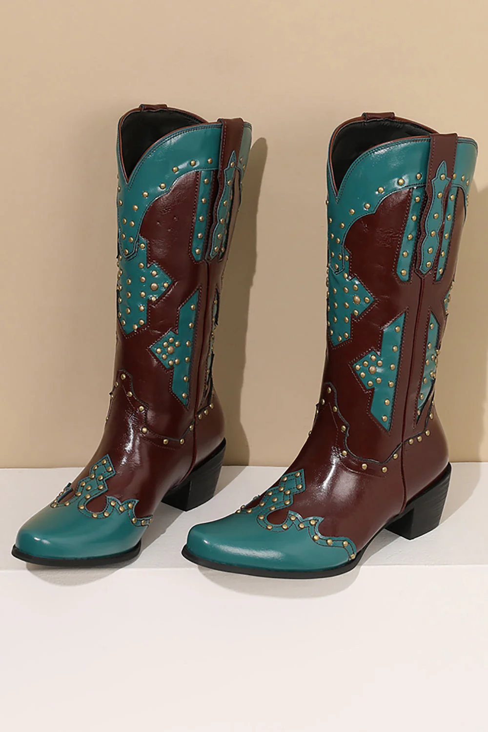 Women's Embroidered Blue Pointed Toe Calf High Cowgirl Boots - JUORTHO