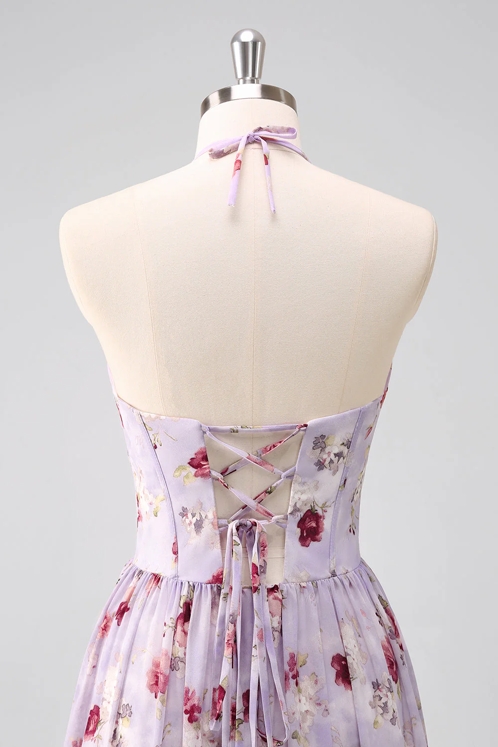 Grey Purple Floral A Line Corset Halter Bridesmaid Dress with Slit - JUORTHO