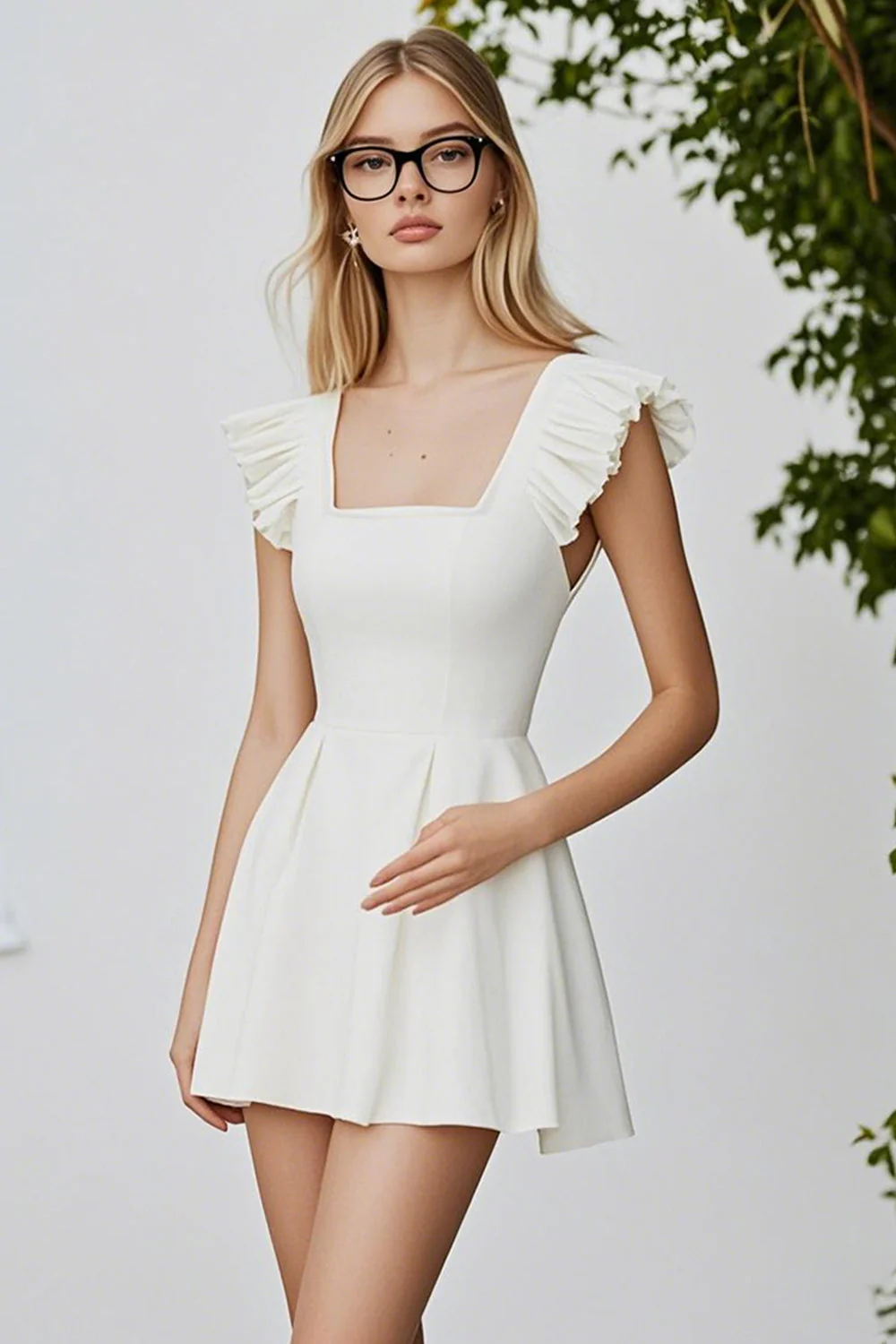 Ivory A Line Square Neck Short Graduation Dress with Ruffles - JUORTHO