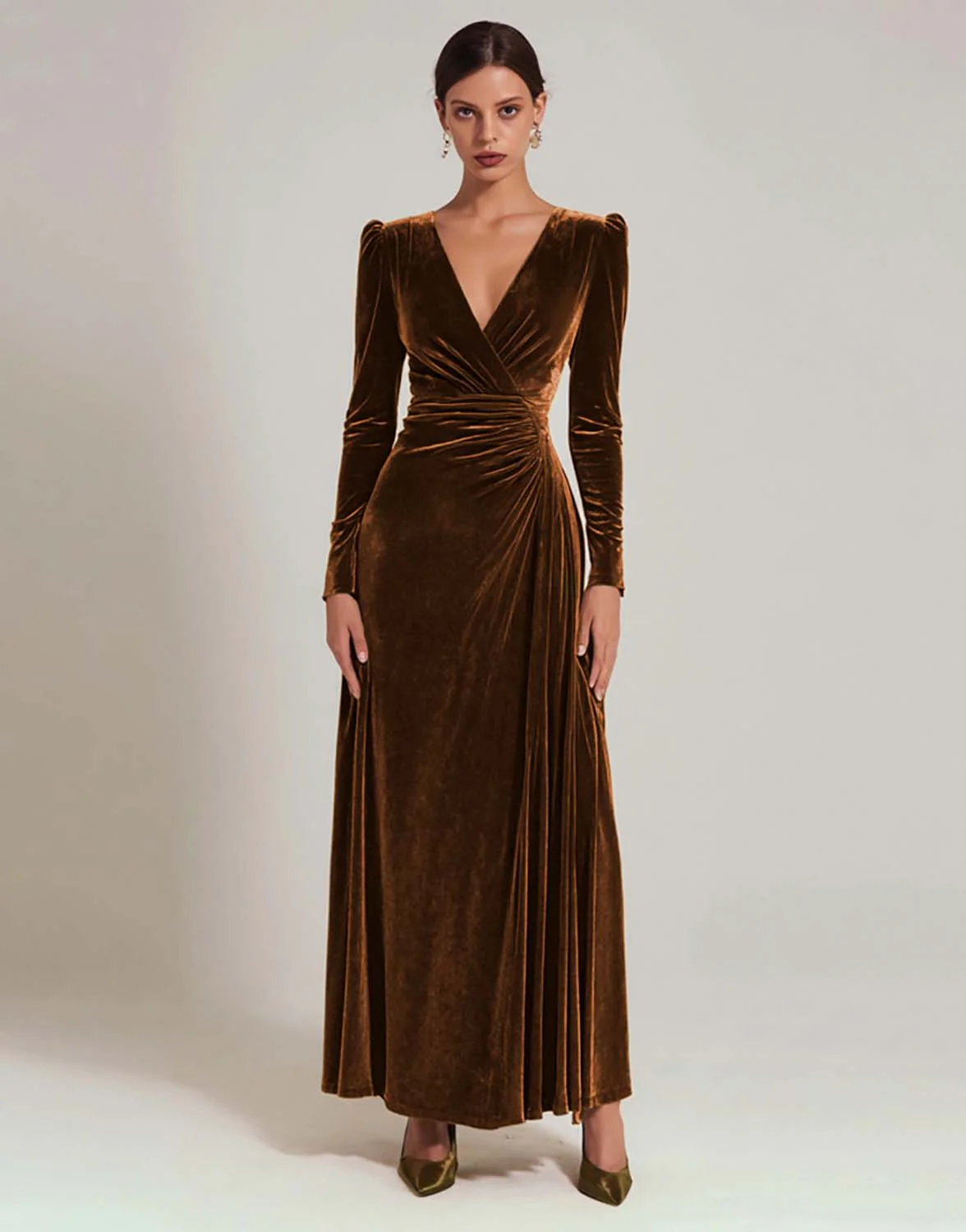 Olive Velvet A Line V-Neck Long Holiday Party Dress with Sleeves - JUORTHO